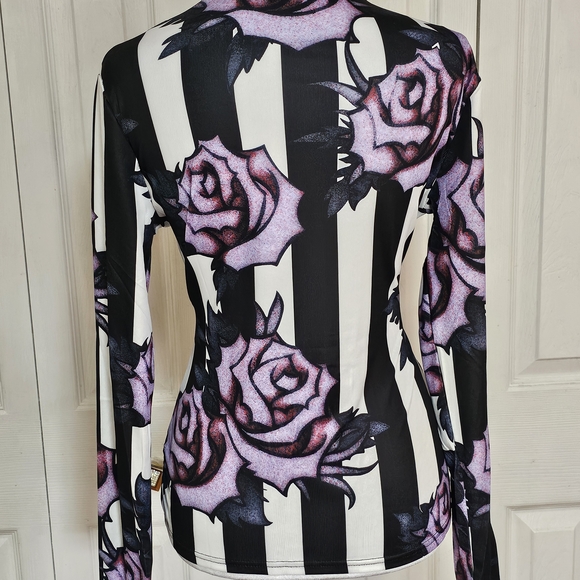 Dolls Kill Black and White Striped Top with Purple Roses - Picture 7 of 7
